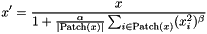 \[ x' = \frac{x}{1 + \frac{\alpha}{|\mathrm{Patch}(x)|} \sum_{i\in\mathrm{Patch}(x)} (x_i^2)^\beta}\]